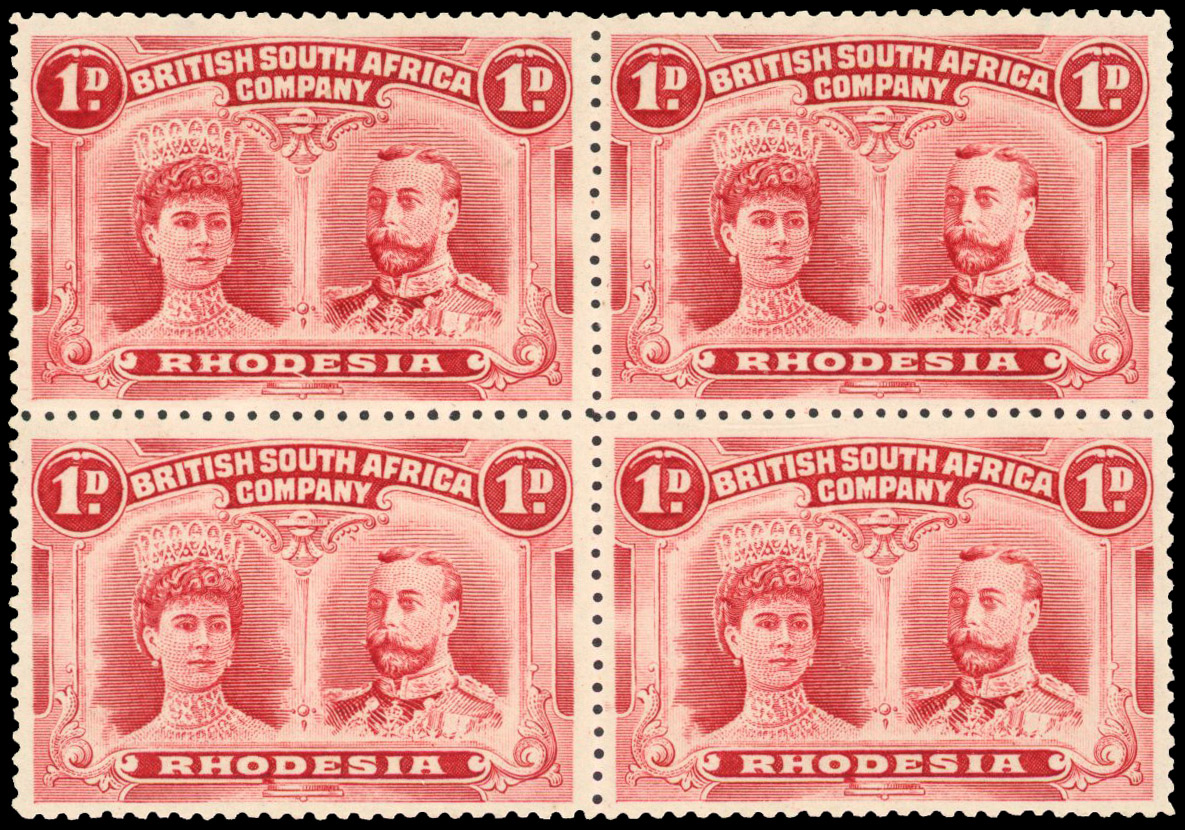 Rhodesia 1910-13 1d rose-red perf 14 block of 4