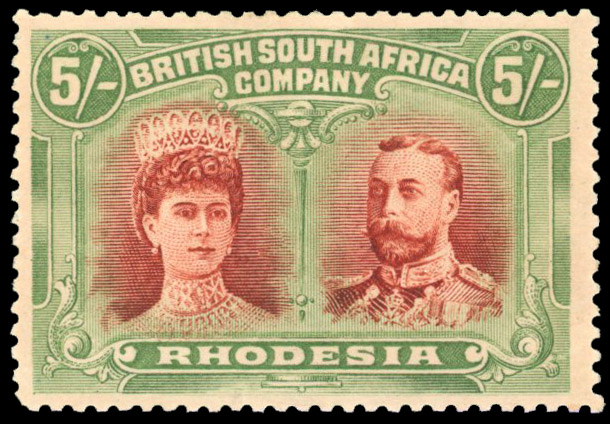 Rhodesia 1910-13 5s deeper brown-red and green perf 14
