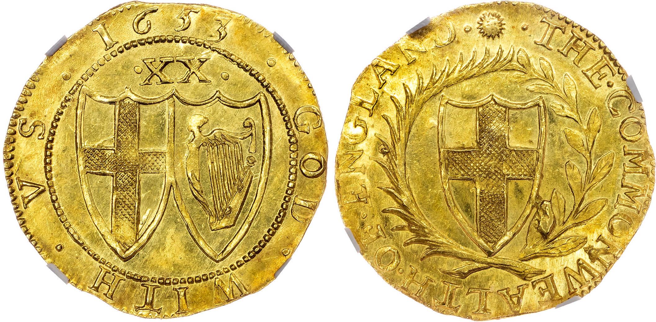 Commonwealth (1649 60), Gold Unite of twenty shillings, 1653, mintmark sun. NGC MS63
