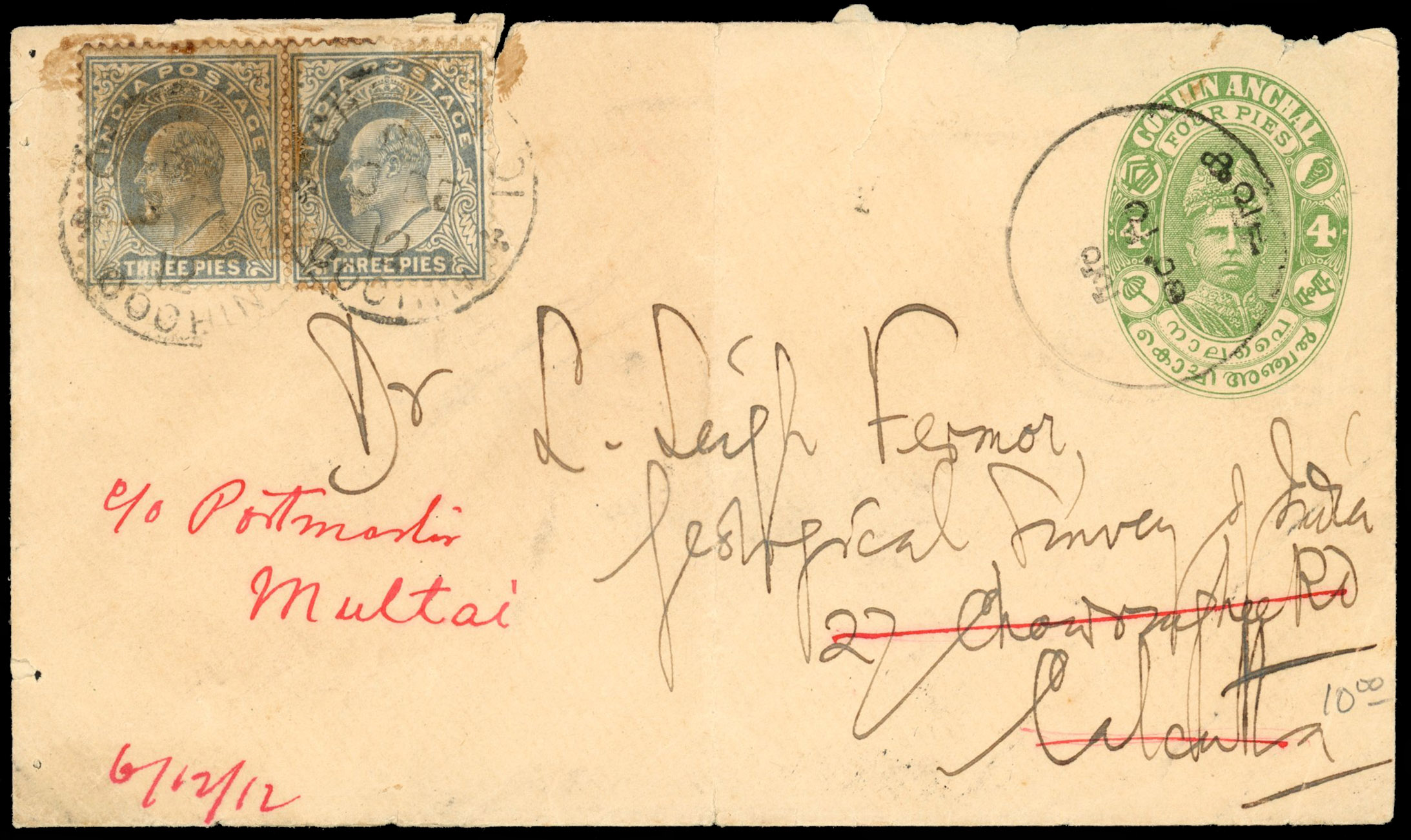 I.F.S Cochin postal stationery envelope combination usage to Calcutta and readdressed