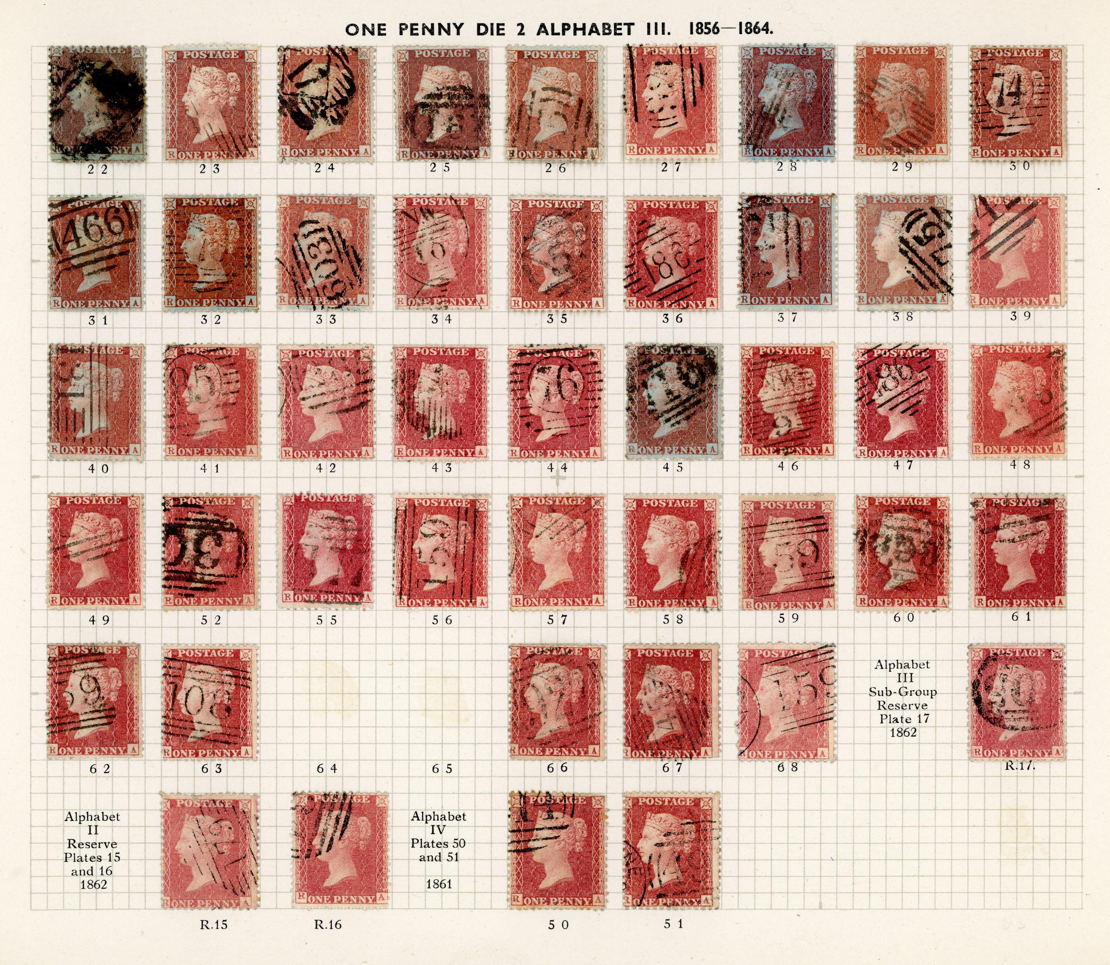 GB 1856-64 1d reds from Plates 22 - R17, the R Row