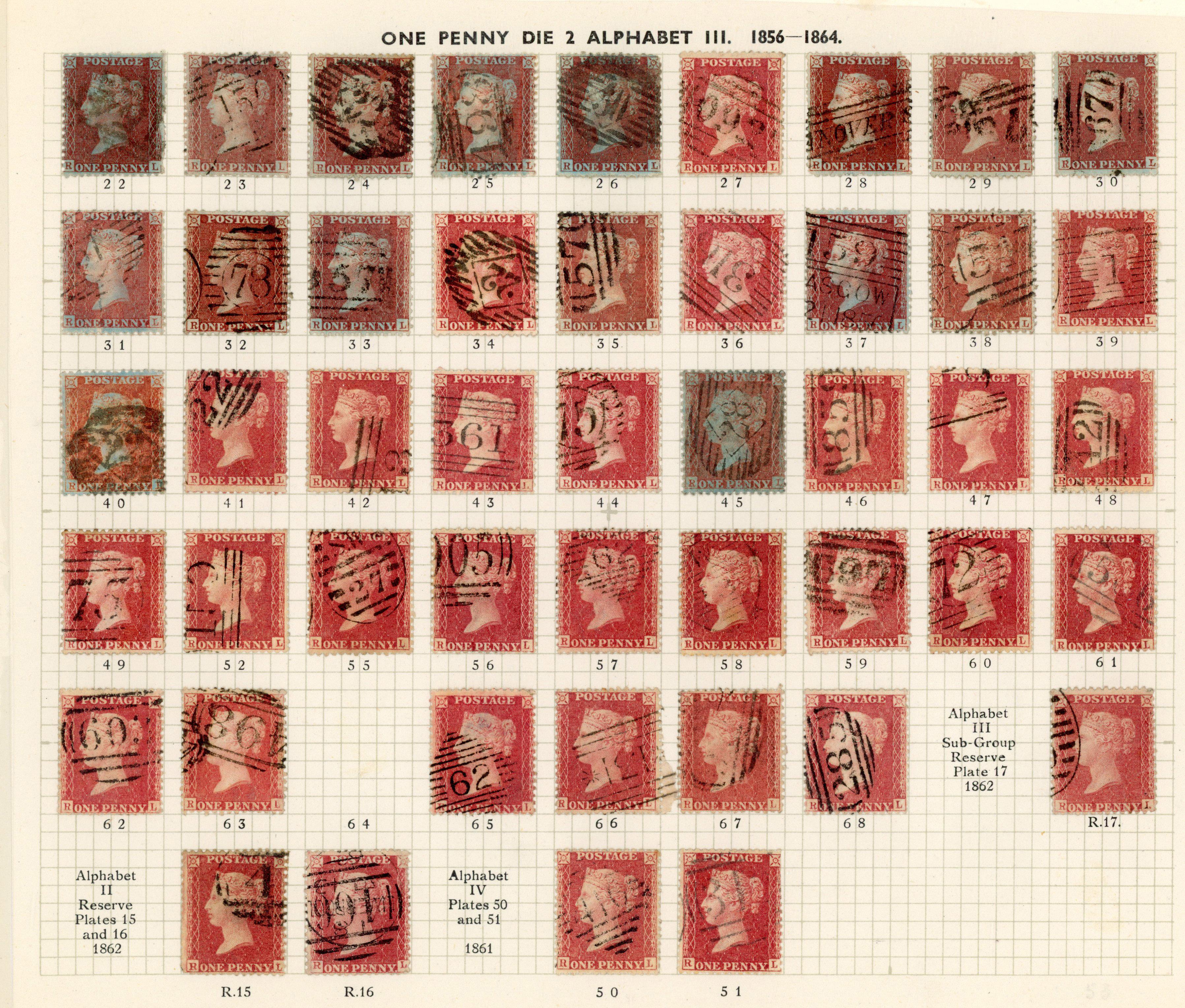 GB 1856-64 1d reds from Plates 22 - R17, the R Row