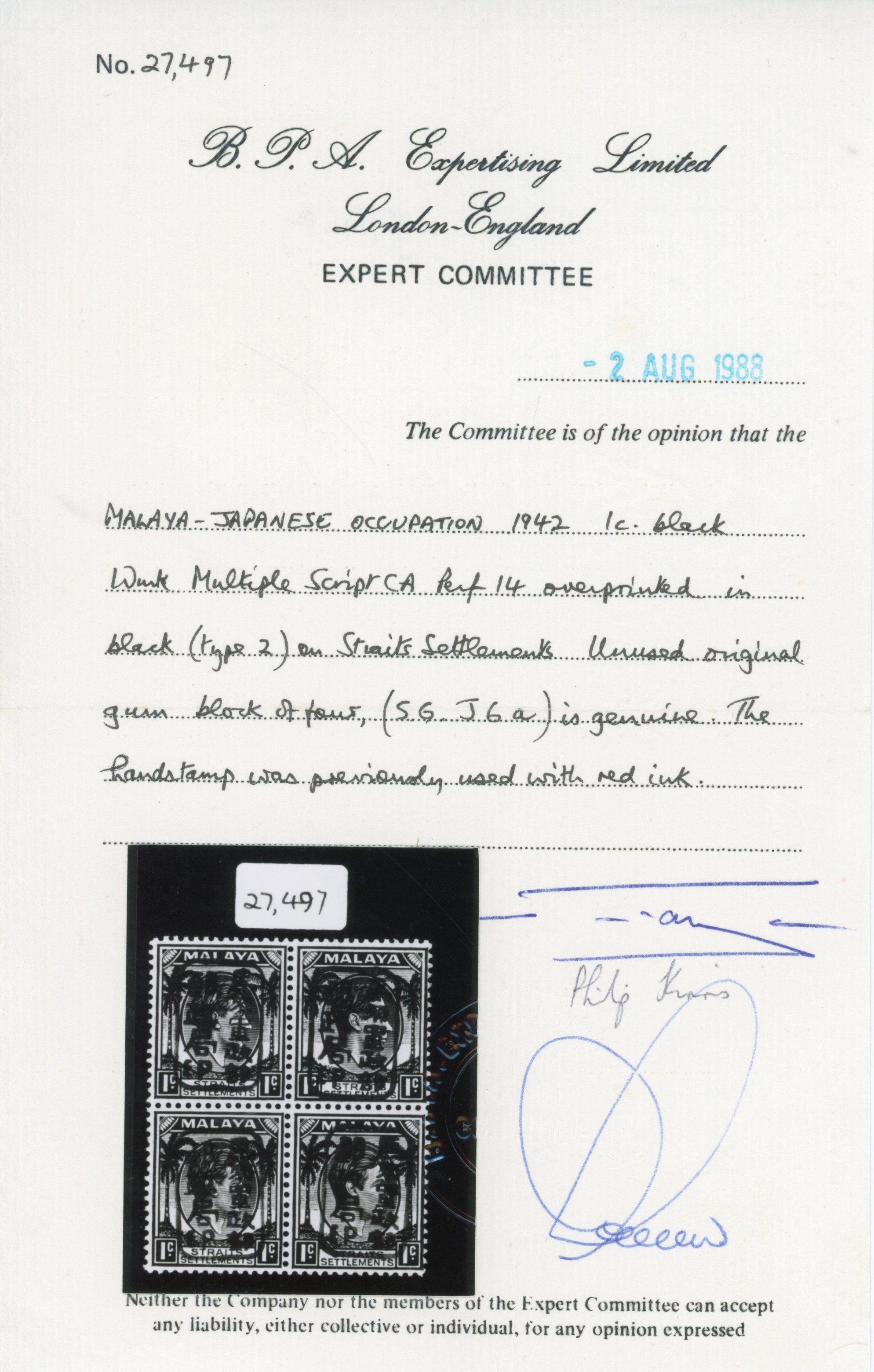 Past auction: Malaya Japanese Occupation 1942 (3 Apr) Straits 1c