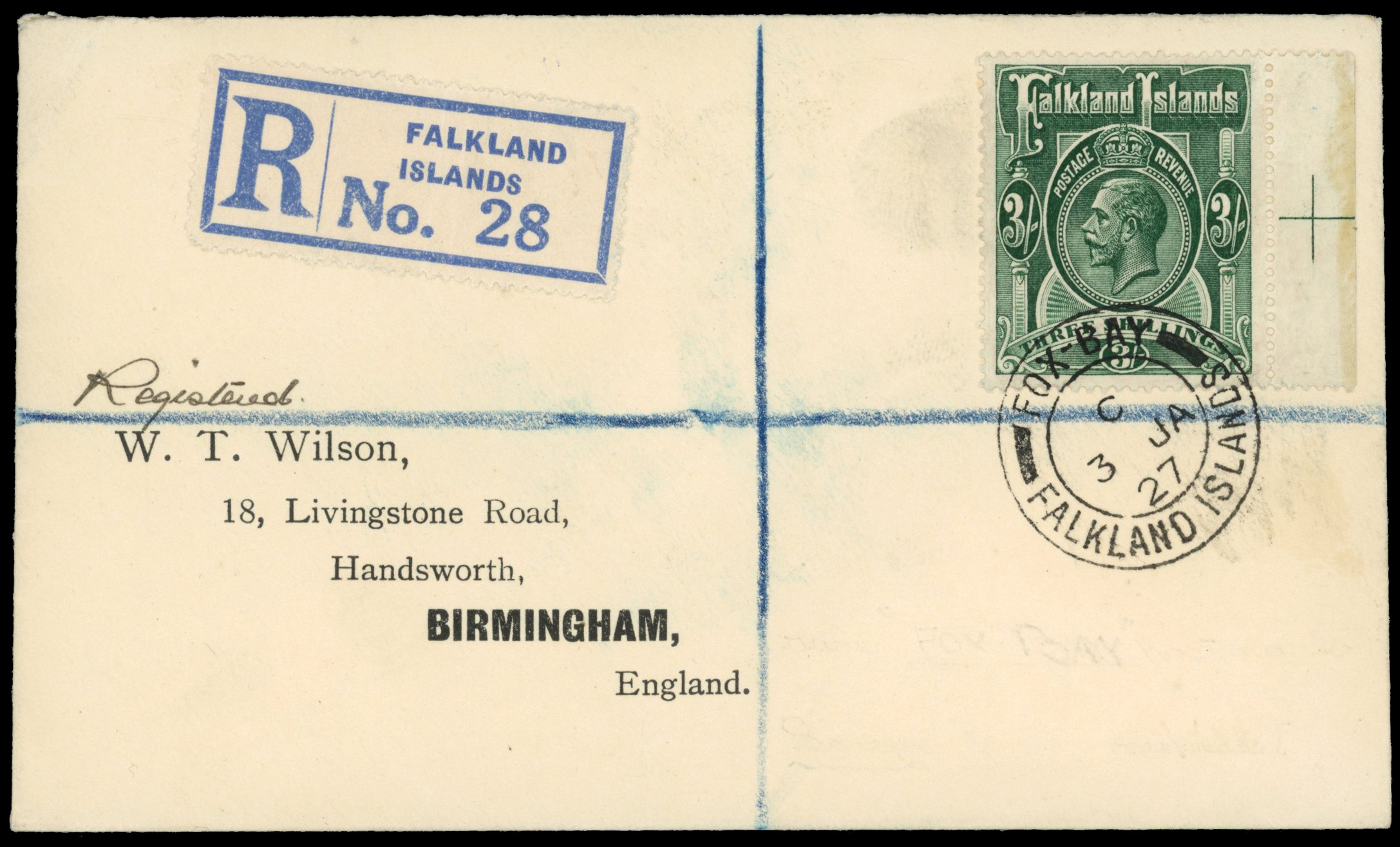 Falkland Islands 1927 3/- registered 'Wilson' cover