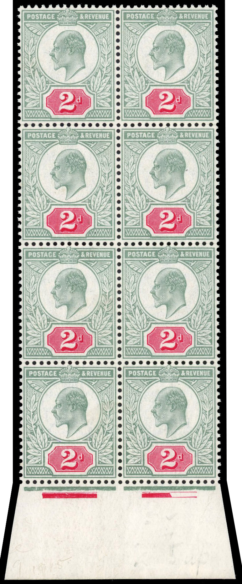 SG 229 1902 2d dull blue-green and carmine block of 8 mint