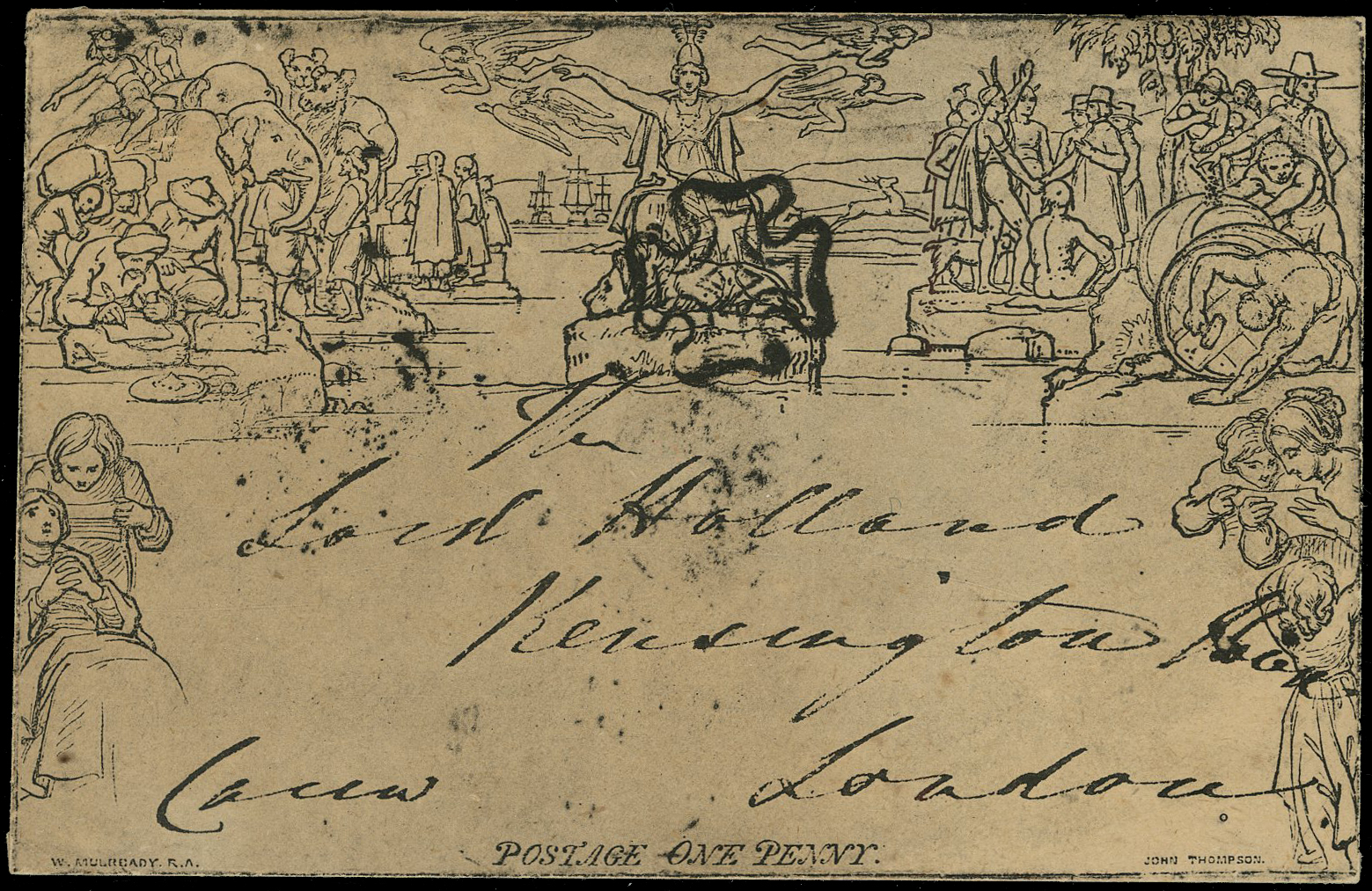 1840 1d Mulready Lettersheet. Very fine Lord Holland photographic facsimile of stereo A136.