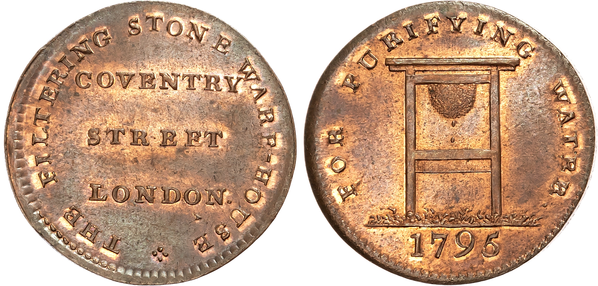 London, Coventry Street , Joshua Henderson (water purifier seller), Halfpenny 1795, Filtering stone set up, rev. Three-l …