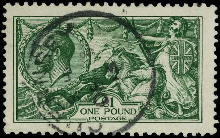 1913 Waterlow £1 deep green fine used with ‘Jersey’ cds