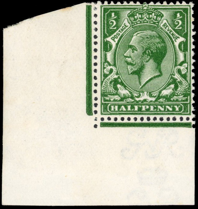 GB 1912-24 Royal Cypher ½d very deep green, mint unmounted o.g. left corner example