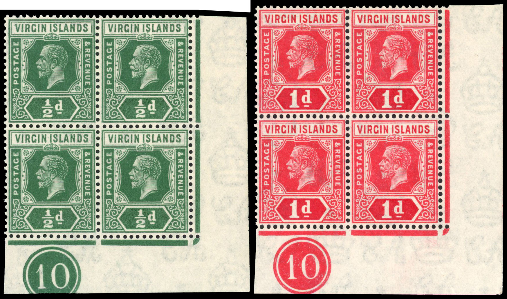 British Virgin Islands 1921 ½d, 1d plate 10 blocks of 4