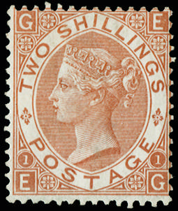 Great Britain 1880 2s Brown Pl.1. Exceptionally fine and fresh unused o.g. example of this rare adhesive lettered …