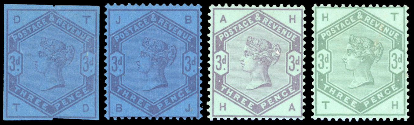 1884 3d Colour trials on coloured paper group of four