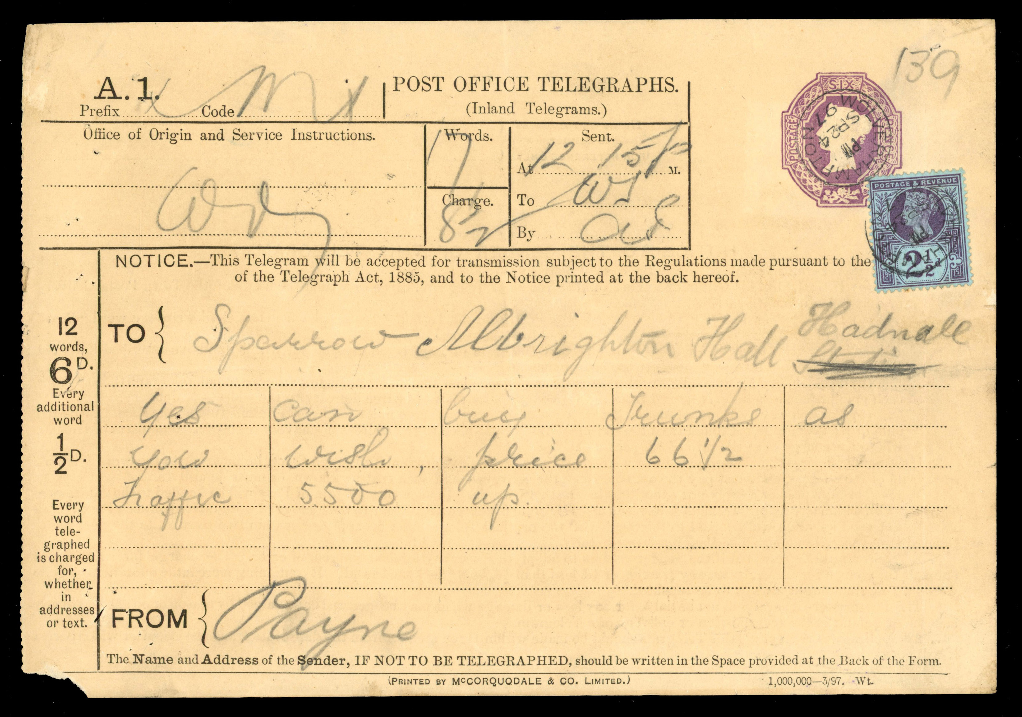 GB TELEGRAPHS: 1894 6d embossed form (TP15a) additionally uprated with 1887-1900 ‘Jubilee’ 2½d, both tied