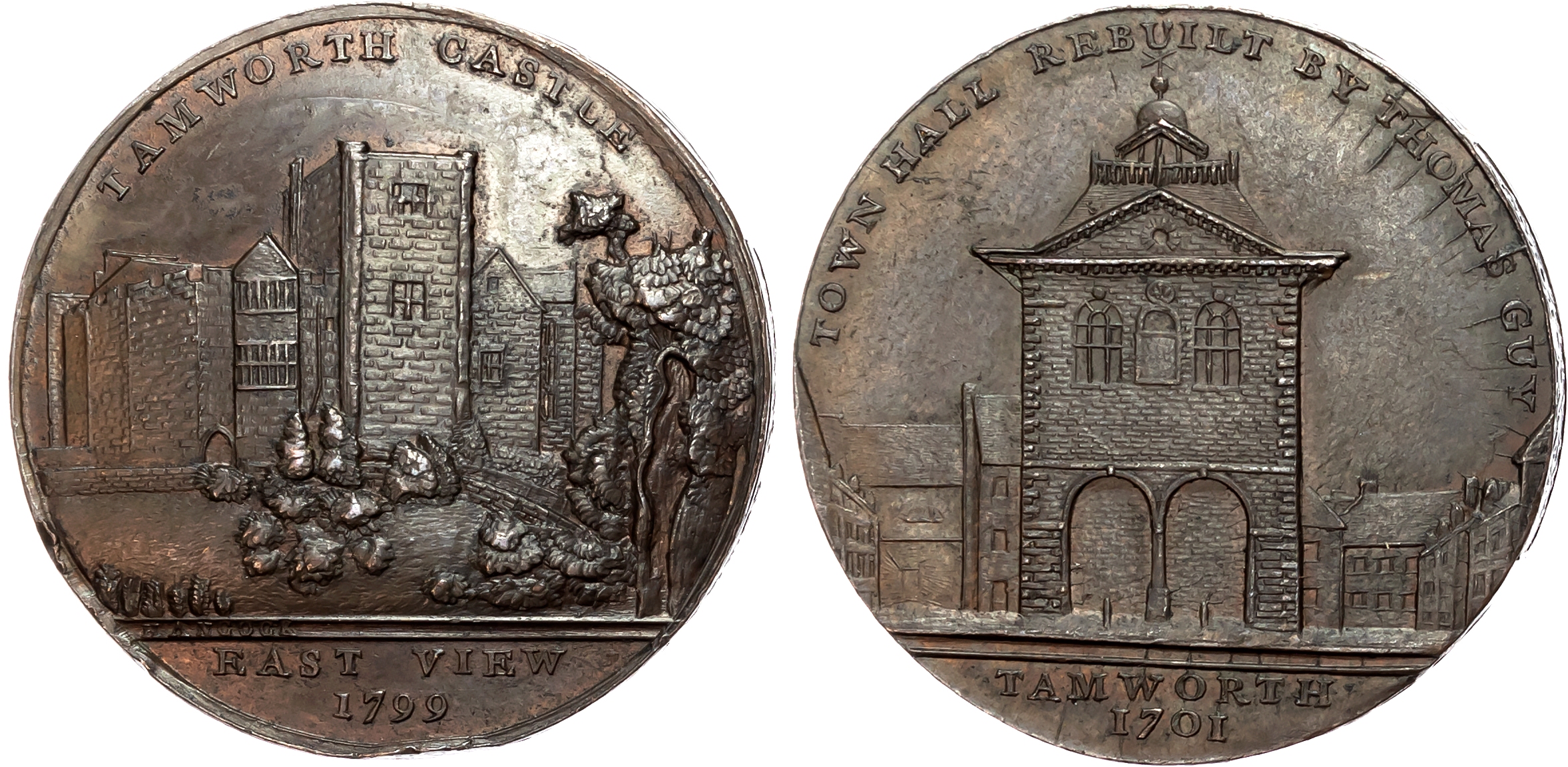 Staffs. Tamworth, John Harding (calico printer) Penny 1799, castle and trees, rev . Front of Town Hall, edge PENNY TOKE …