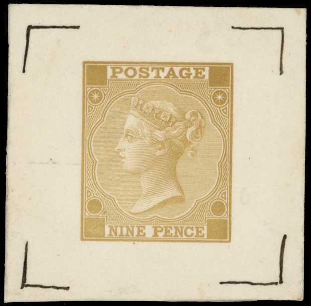 1870 9d die proof, in straw on matt thick...