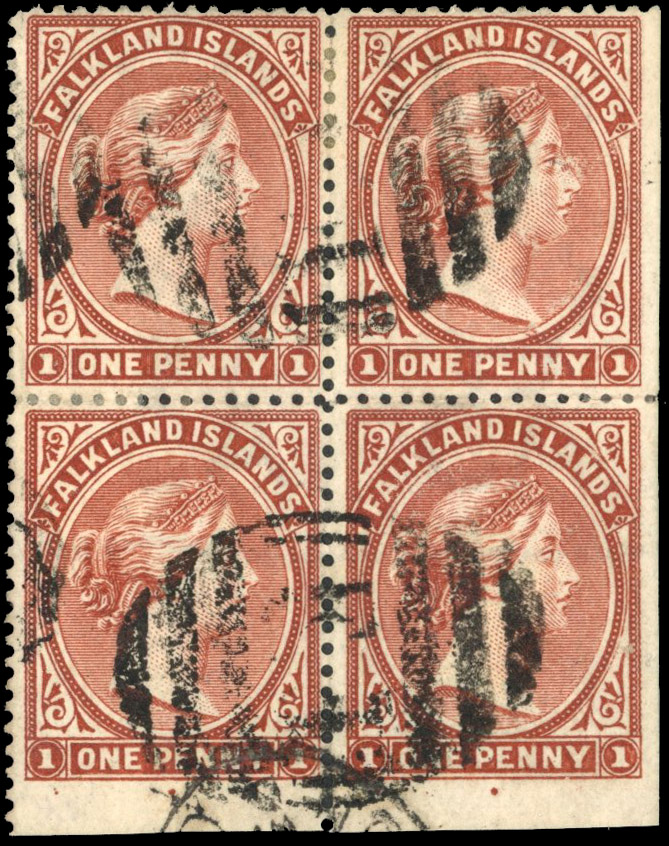 Falkland Is SG 11 1891 1d red-brown block used