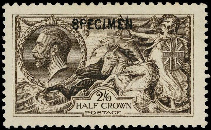 GB: 2s6d sepia-brown Waterlow ‘Seahorse’ overprinted “SPECIMEN” large part o.g. SG 400s/Spec N63(3)s