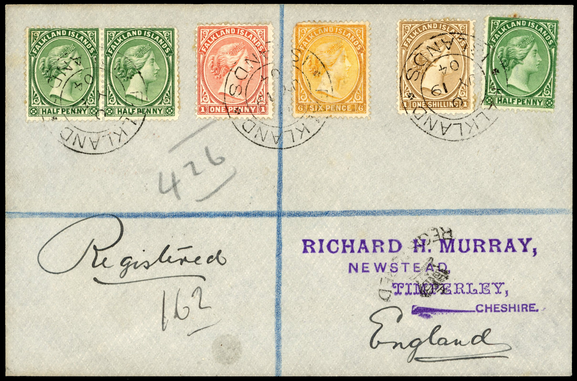 Falkland Islands 1904 registered cover to Cheshire