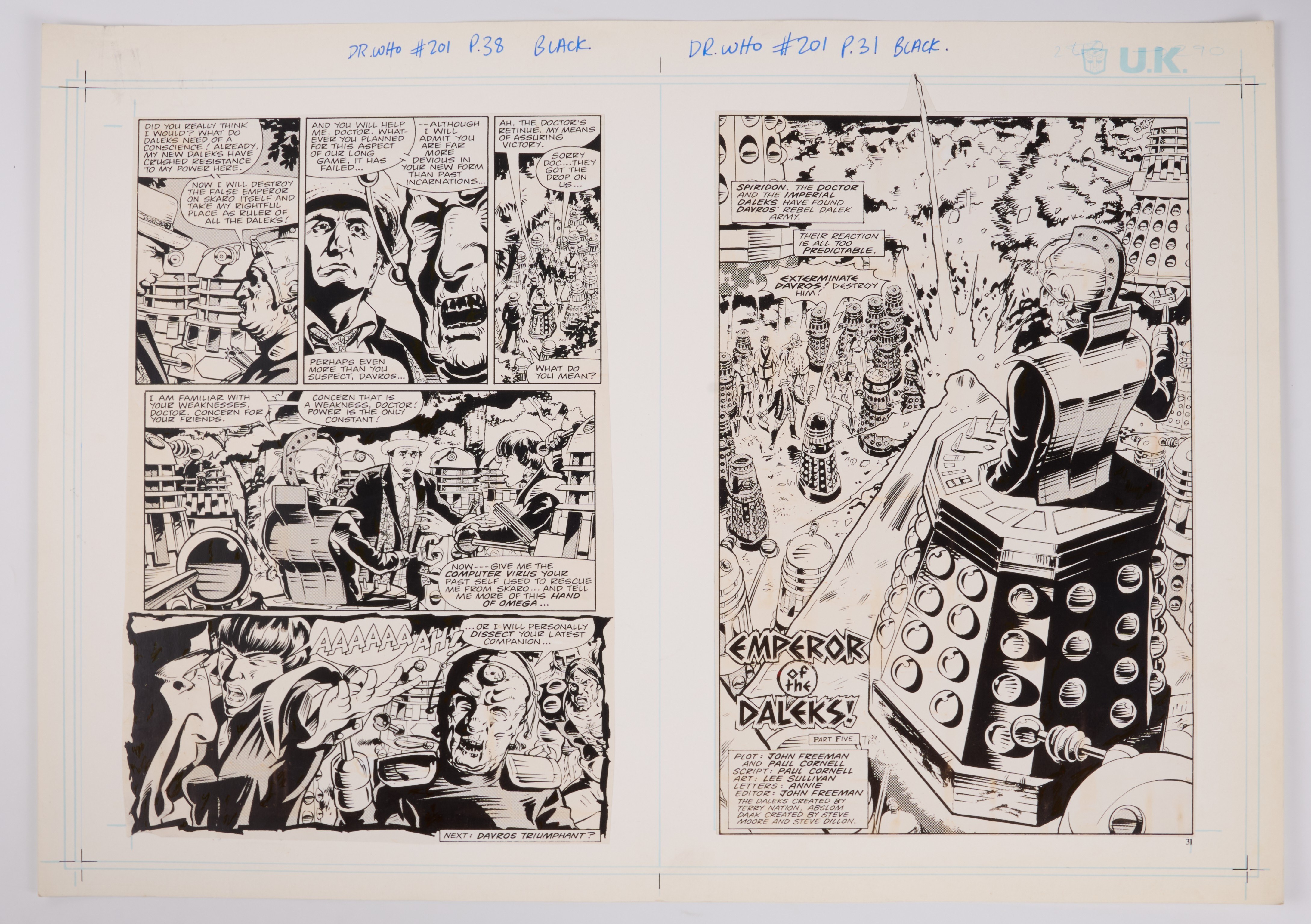 Lee Sullivan Doctor Who Monthly #201 'Emperor Of The Daleks' Printed Story Guide Pages (Marvel UK, 1990) Total 4
