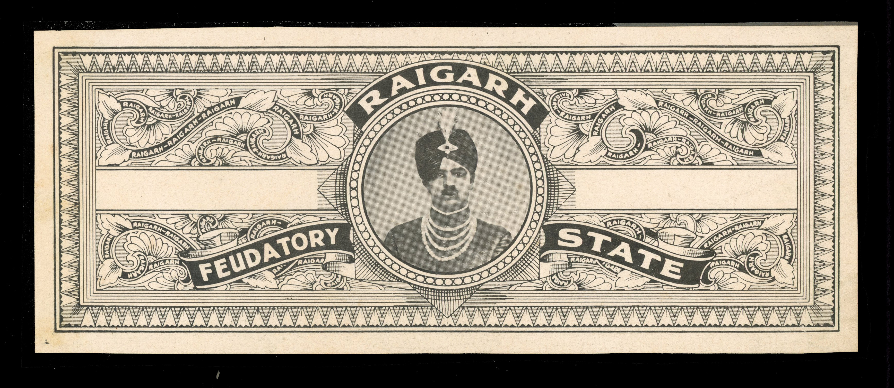 I.F.S Raigarh State unissued undenominated proof in black 