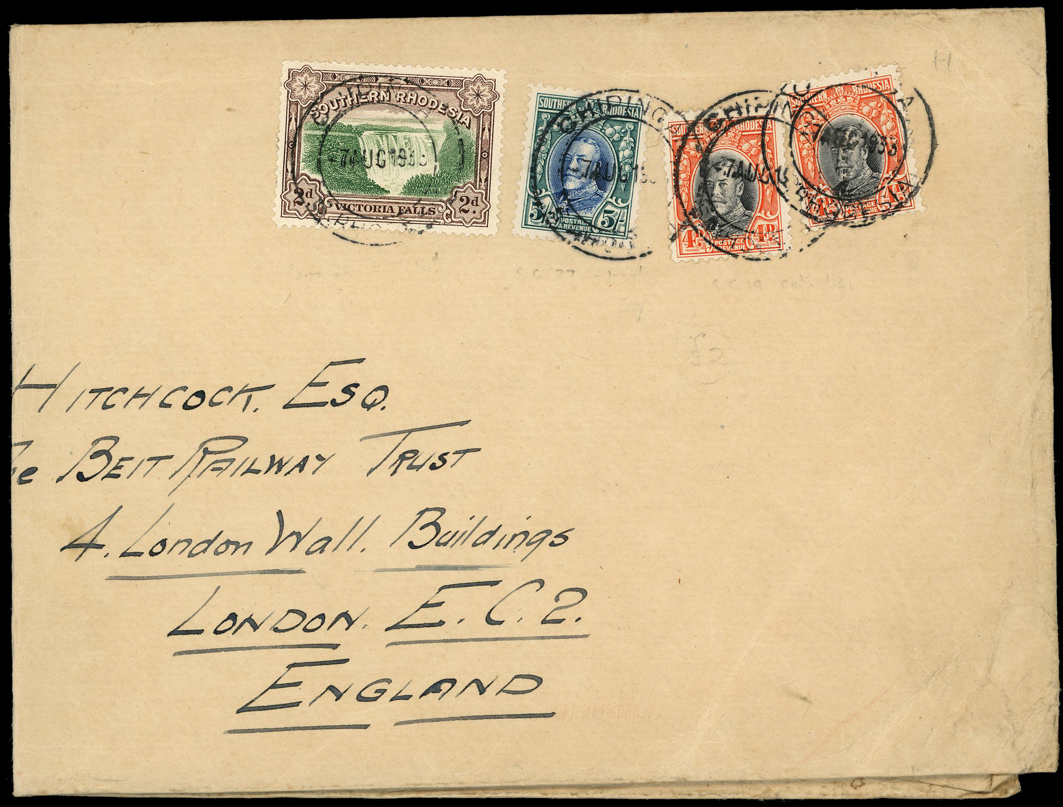 1933 airmail cover from Chipinga to London franked at 5s10d