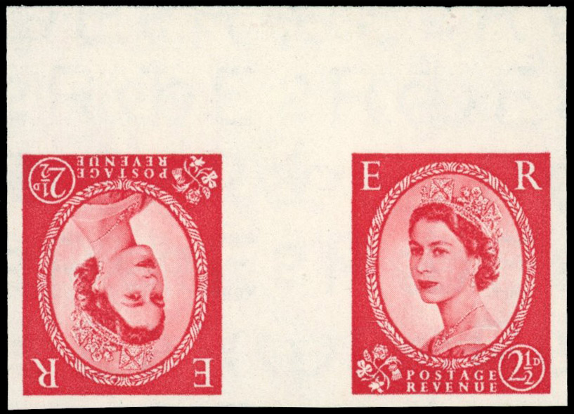 Great Britain 1955 2½d Carmine-red "Wilding", Tête-bêche Gutter Pair, BPMA Imprimatur, SG 544b