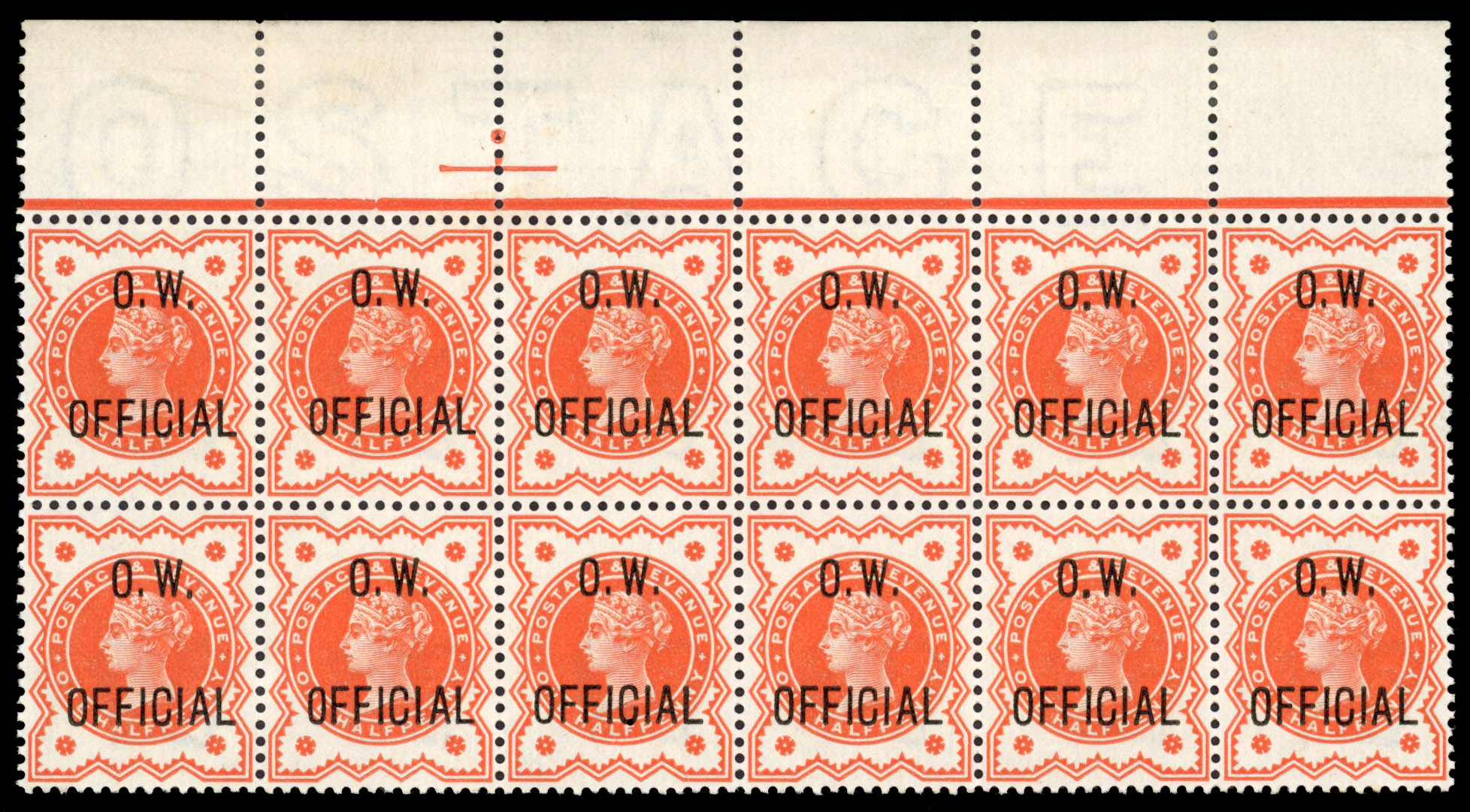 SG O31 O.W. Official 1896 ½d vermilion block of twelve mint