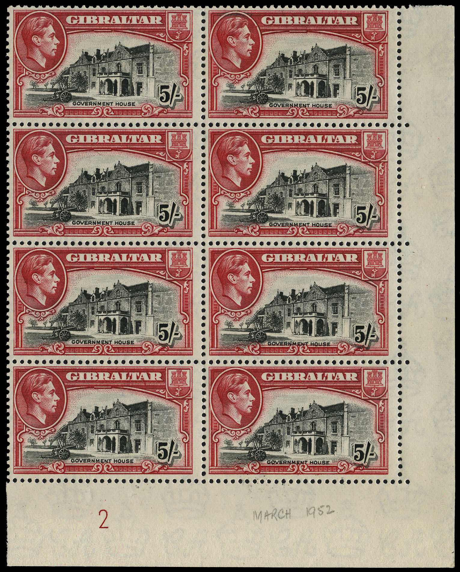 1944-52 5/- perf 13 FP2 block of eight,...