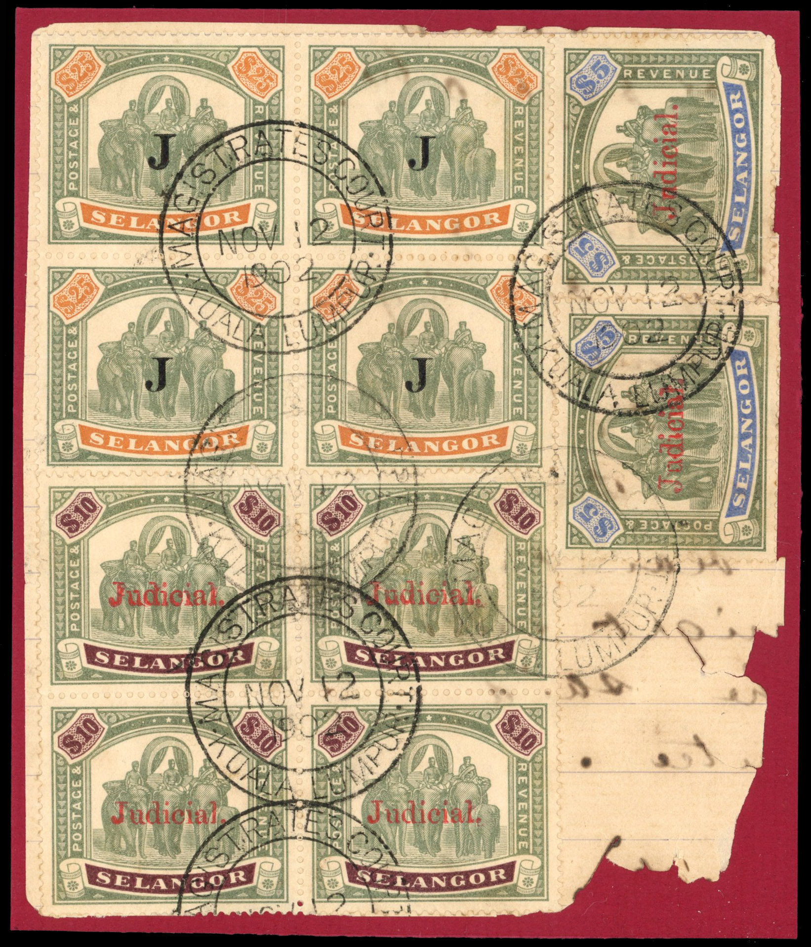 Selangor Judicial 1902 piece with high-value mixed franking