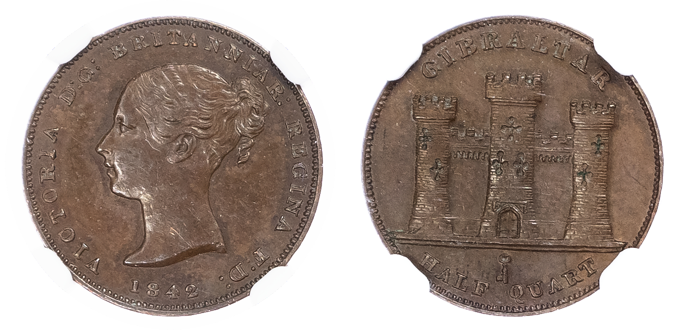 Gibraltar, British Overseas Territories. Victoria CU 1/2 Quart. 1842. 