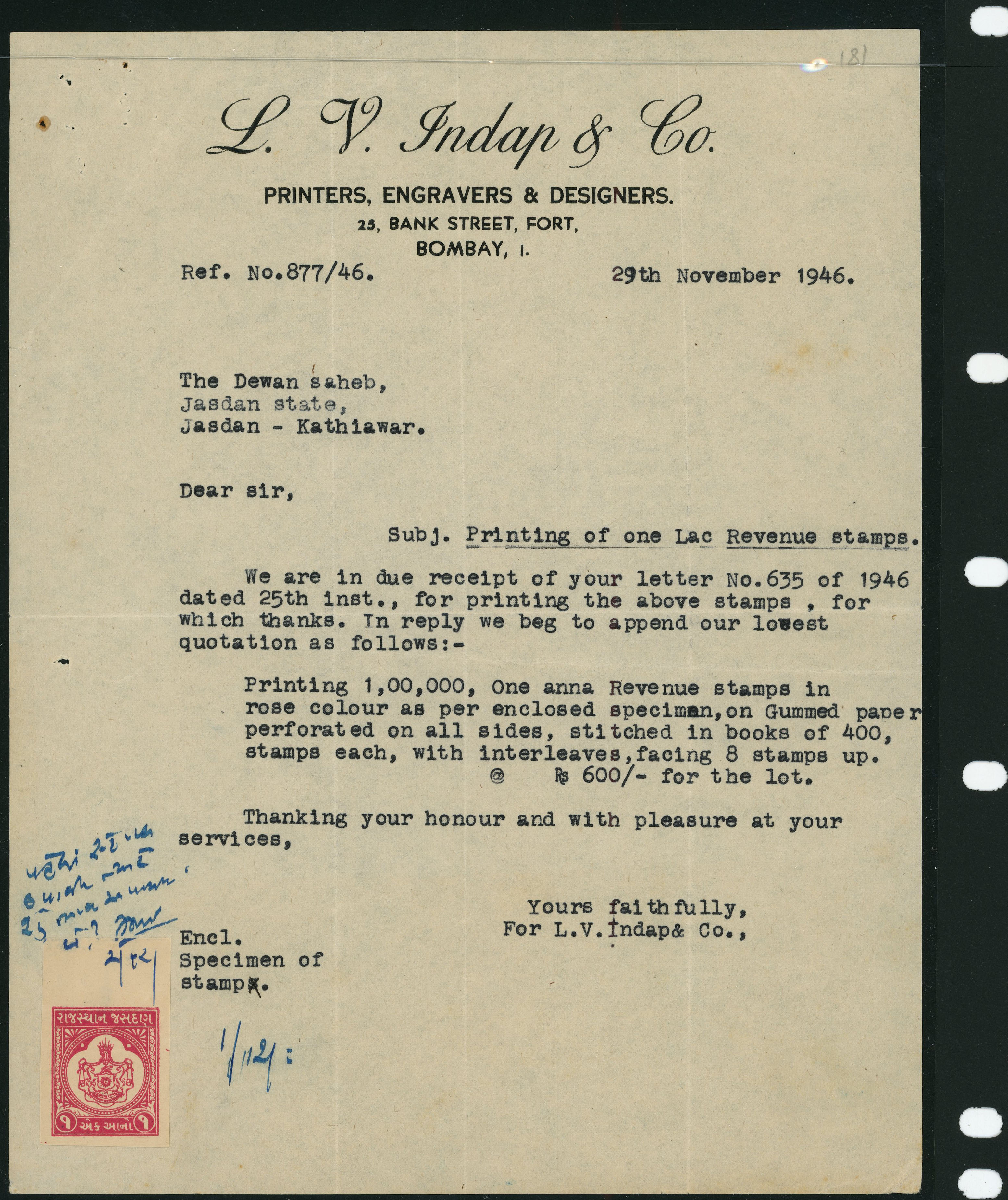 1946 Letter from 'LV Indap & Co', detailing...