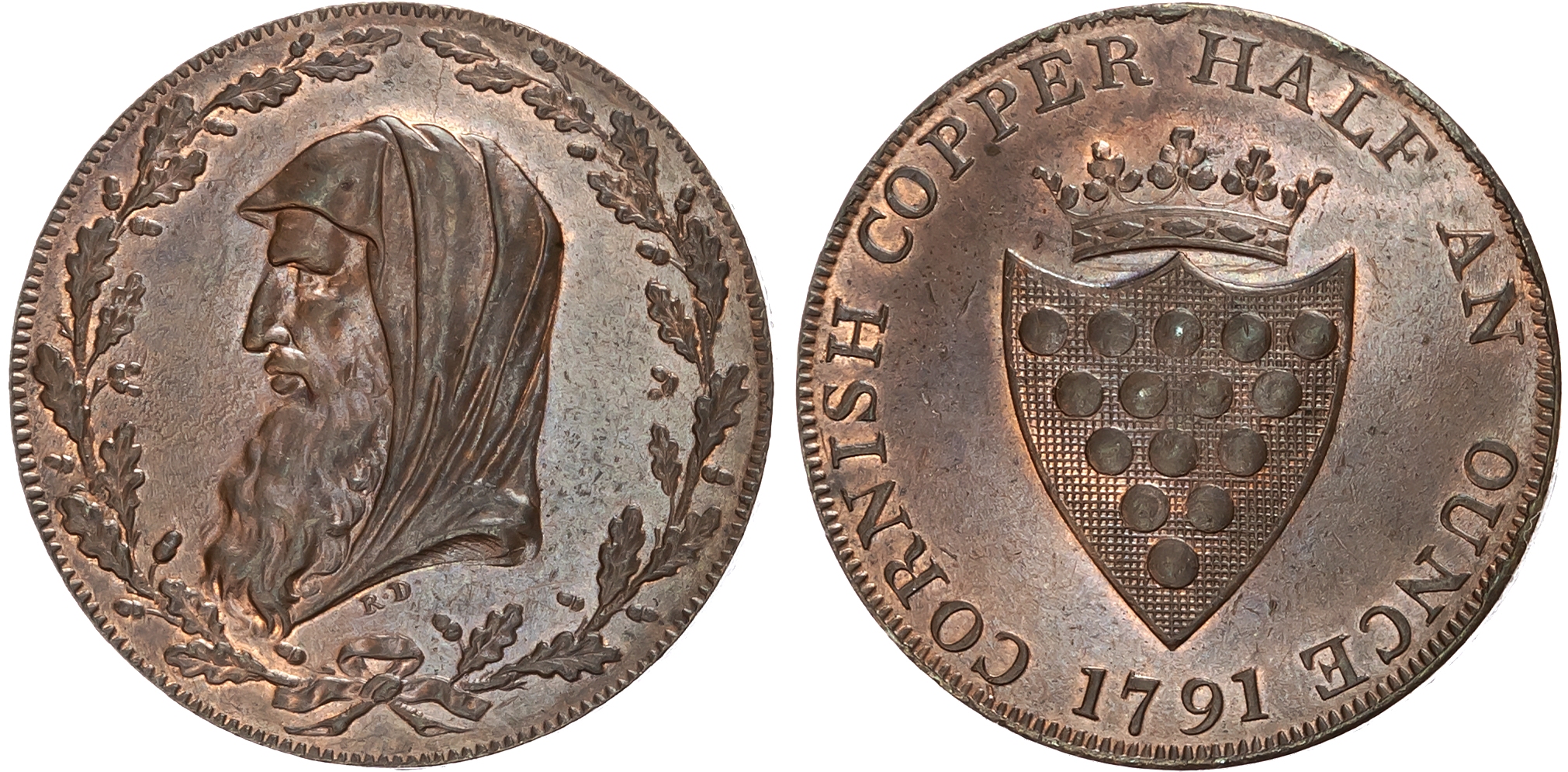 Cornw. Truro, Cornish Metal Co, Halfpenny, 1791, Cowled druid’s head left within an oaken wreath, rev. Arms of the Duchy …