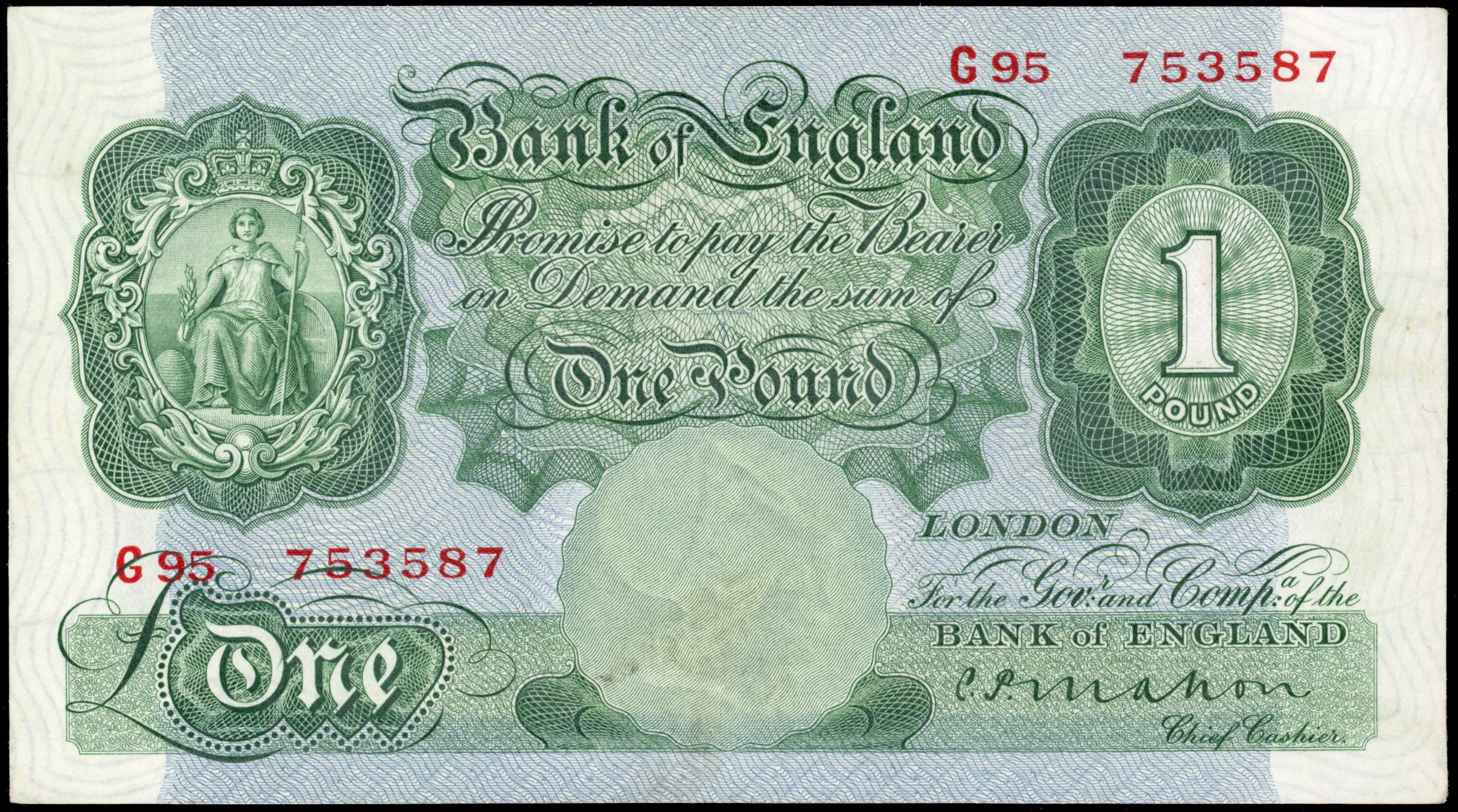 Bank of England, C P Mahon, One Pound Nov. 1928, G95 753587, (Dugg. B212). Nearly Extremely Fine – very light …