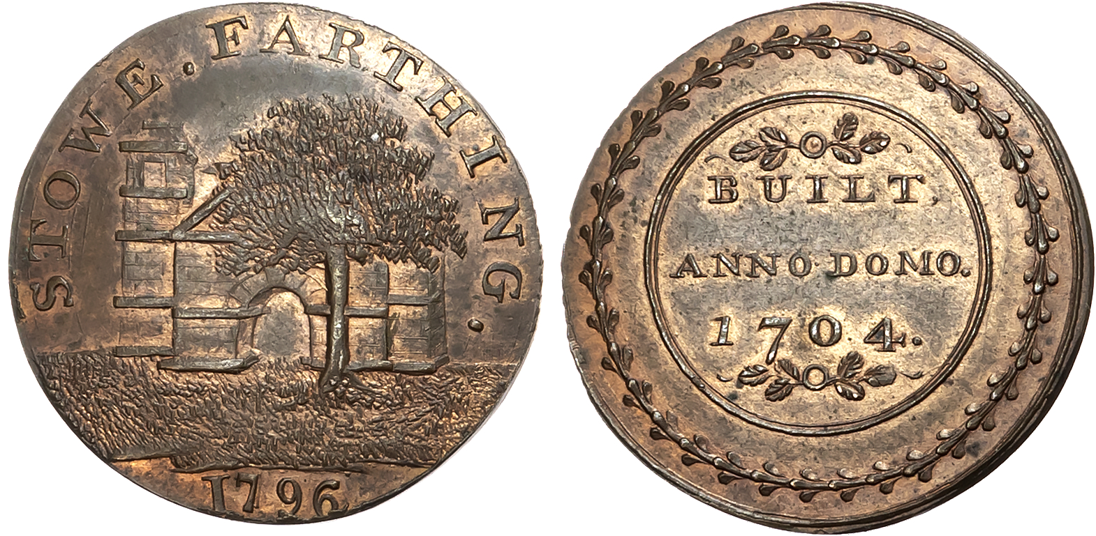Bucks . Stowe , Skidmore’s Farthing, 1796, Hermitage building with tree and grass in foreground, rev. BUILT ANNO DOMO 17 …