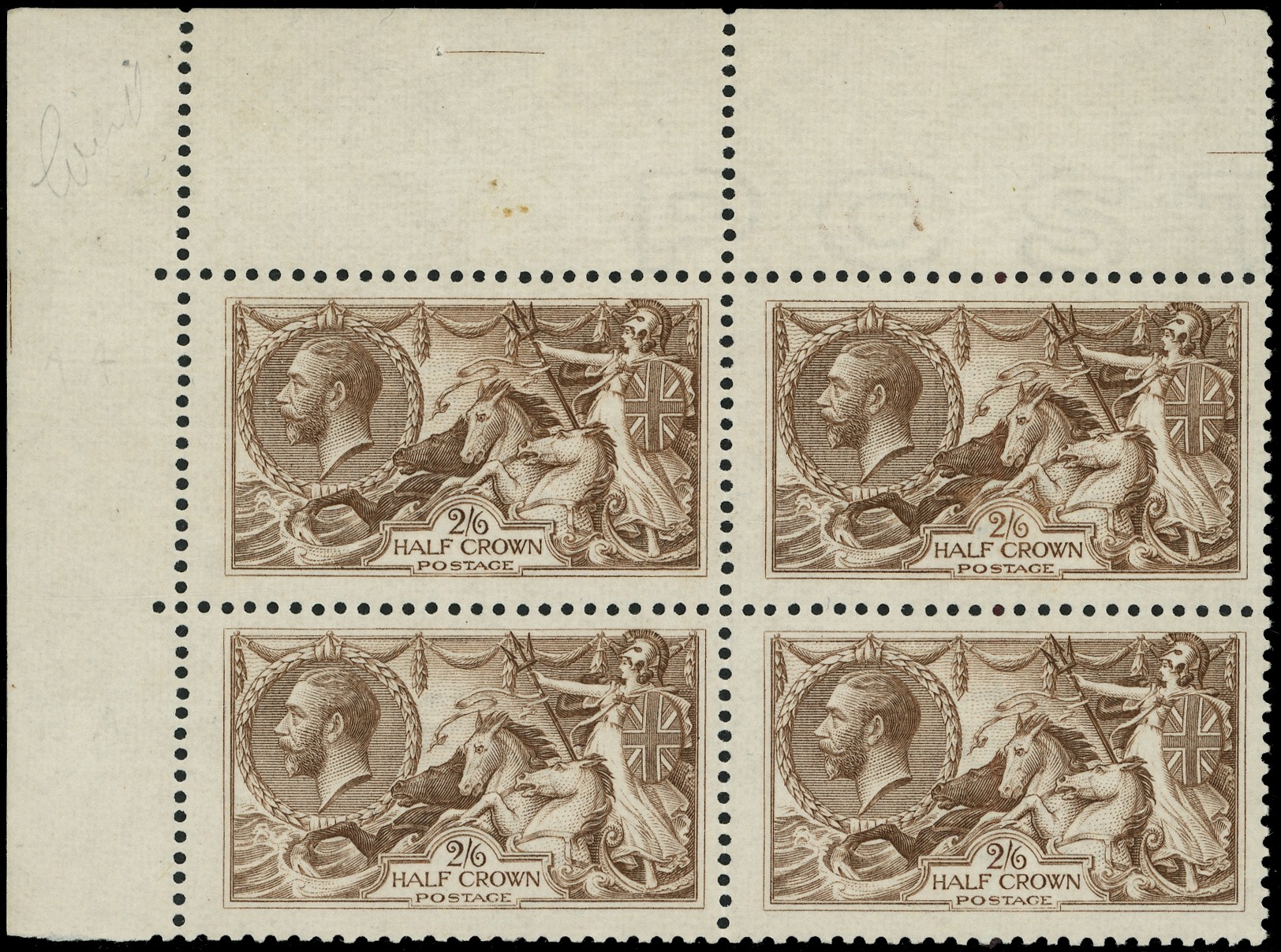 Great Britain 1918 2s6d Reddish brown. Very fine unmounted o.g. top left hand corner marginal block of four...