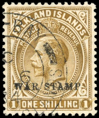 Falkland Islands SG 72bw 1920 War Stamp 1s inverted watermark used