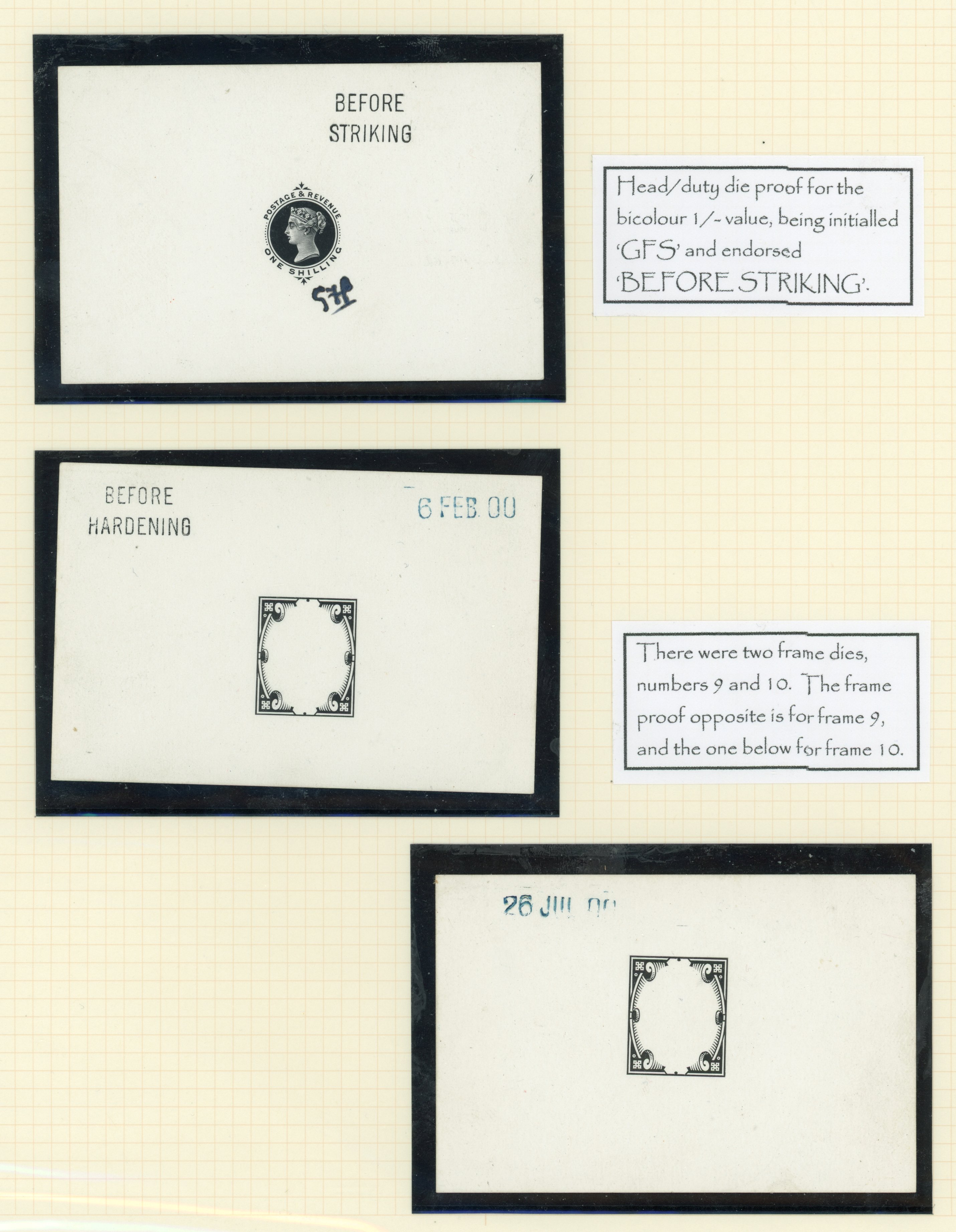 GB 1900 1s head Plate and duty Plate (2) die proofs, printed in black on white glazed card, For SG 214