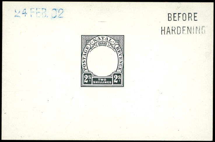 1902 Die Proof of 2/- Duty Plate in black on glazed card 93 x 60mm, dated 24 FEB. 02 in blue and marked BEFORE HARDENING. ...