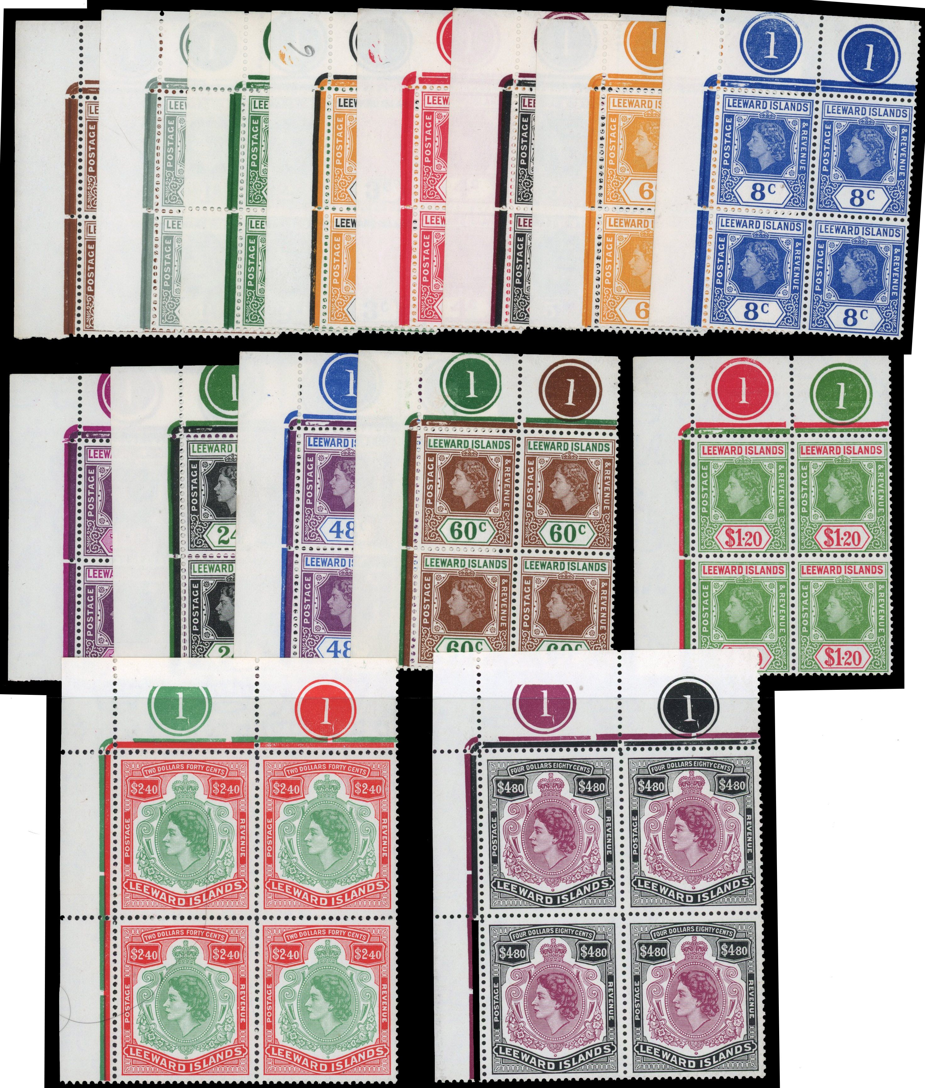 Leeward Islands SG 126, a - 140 Plate blocks mint