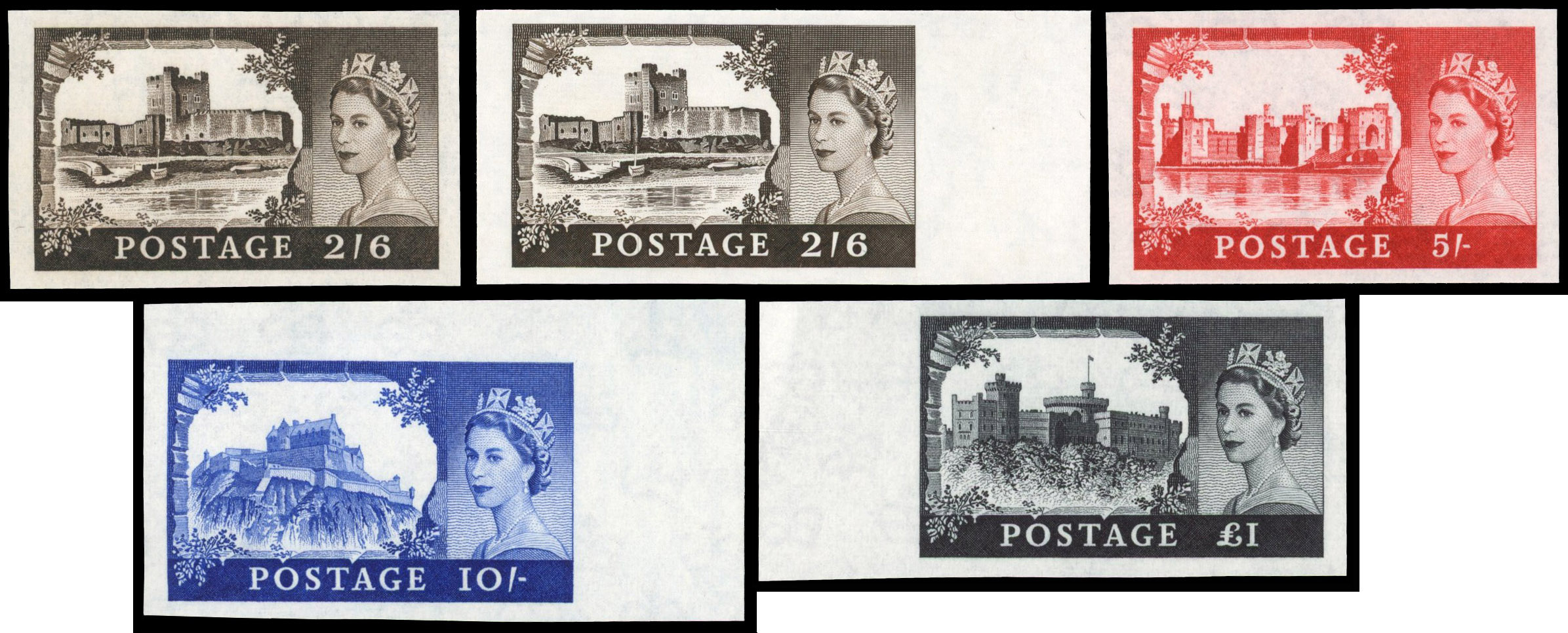 Great Britain 1963 2s6d-£1 "Castles", Set of Five, BPMA Imprimatur, SG 595/8a
