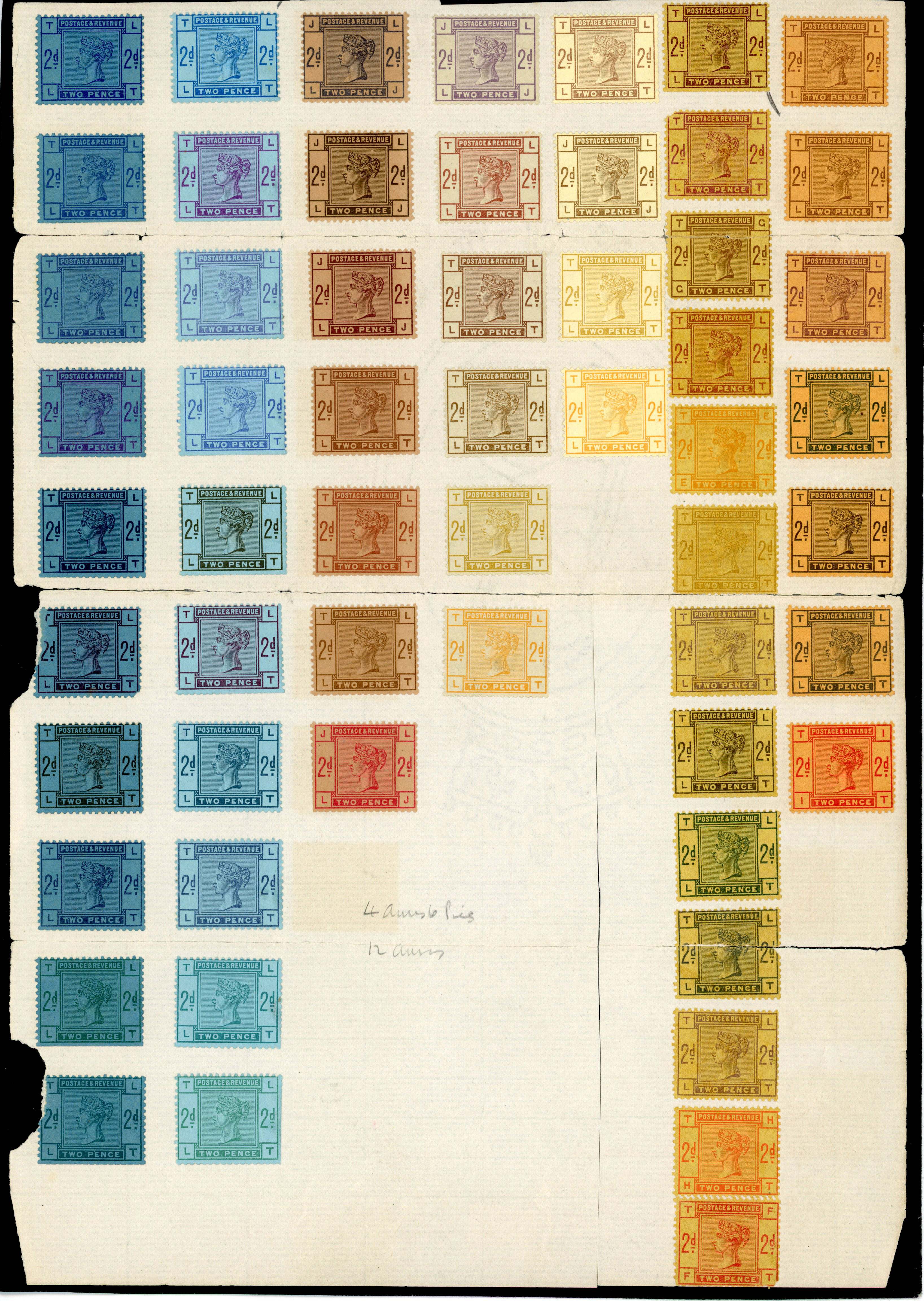 1884 2d Colour trials (Perf 14). A wonderful archive sheet bearing fifty seven