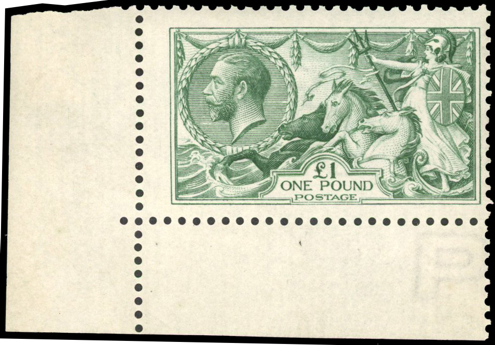 GB: 1913 £1 dull blue-green, lower left-hand corner marginal example, only hinged in the margin, otherwise superb