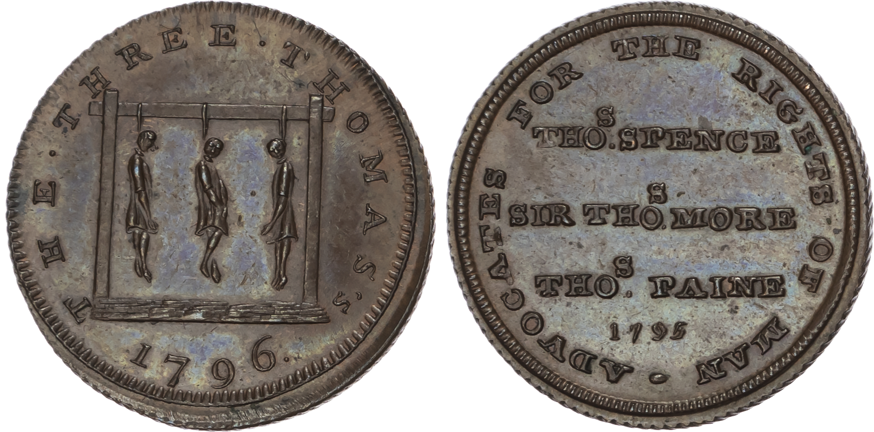 London , Holborn, Skidmore Farthing 1795/6, THOS SPENCE / SIR THOS MORE / THOS PAINE rev. The three Thomas’ ha…