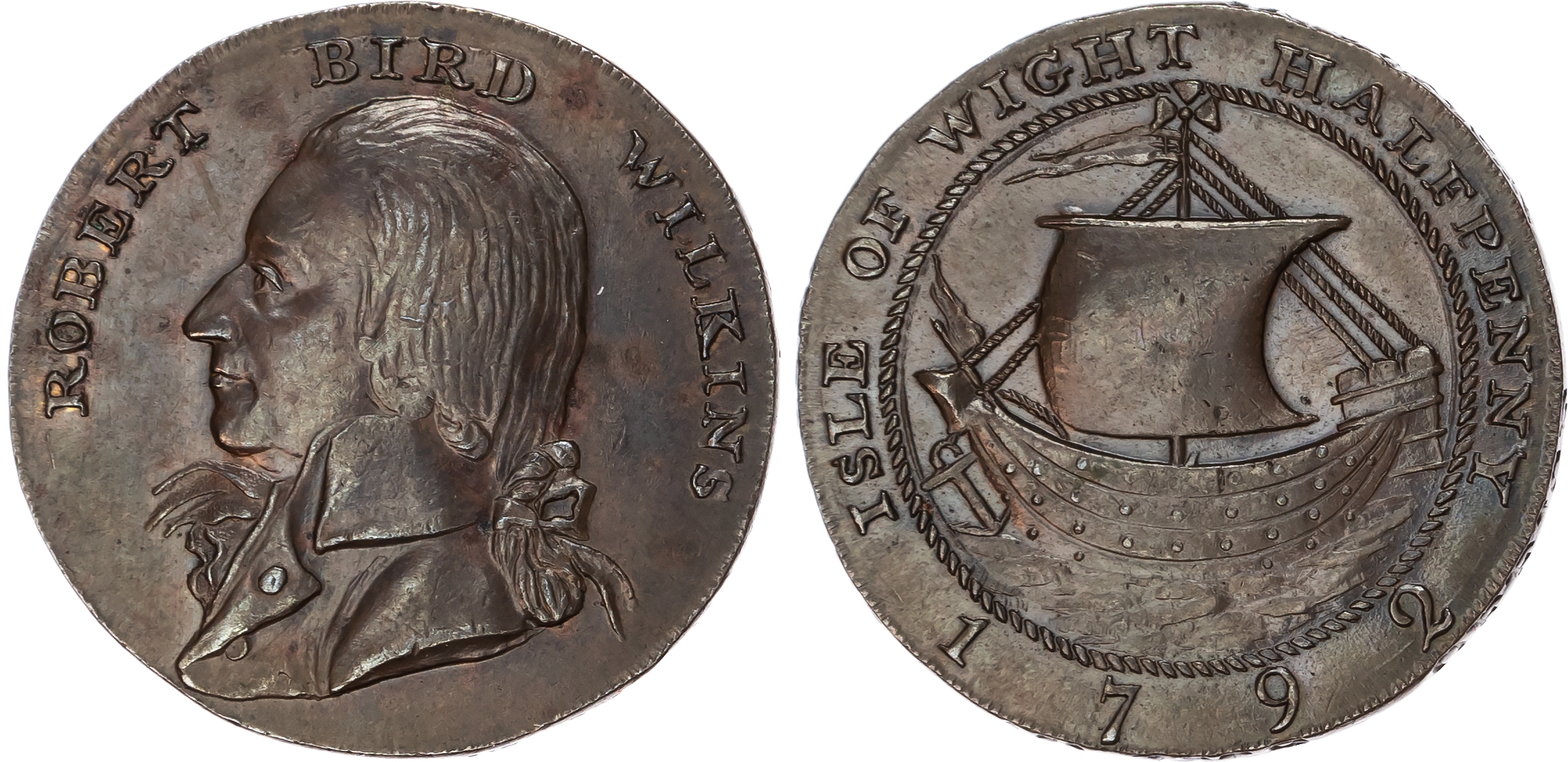 Hants. Newport, Isle of Wight, Robert Wilkins (Ironmonger) Halfpenny 1792, bust left of Wilkins, rev . Arms of…