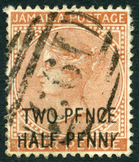 1890 2½d on 4d red-brown, used with 'F' for 'E' and broken 'K' for 'Y'. SG 30ca, cat...