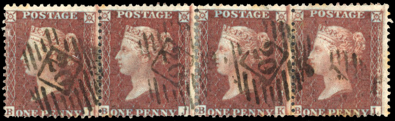 GB 1856 1d plum rare used strip