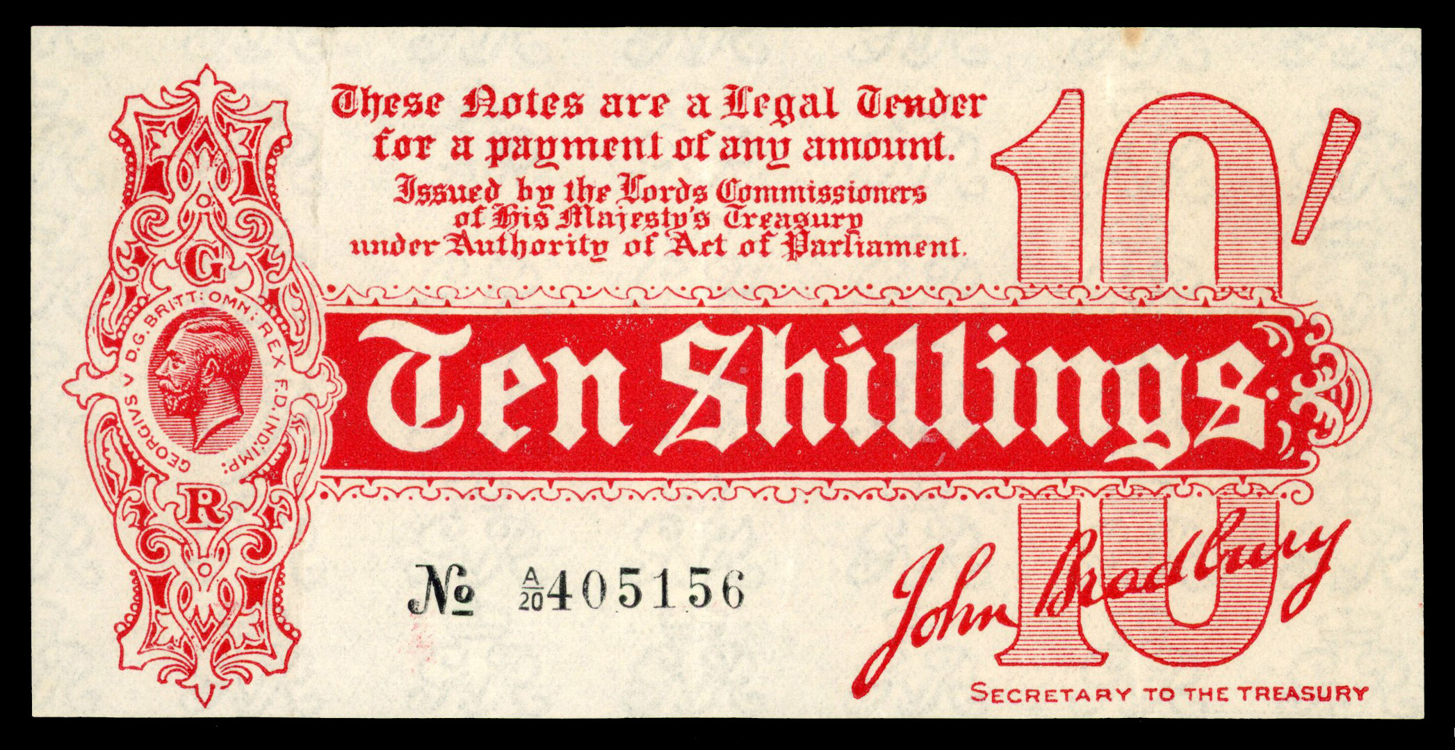 Treasury, J. Bradbury, Ten Shillings, August 1914, A/20 405156 (Dugg. T9); One Pound, August 1914, G 026424.