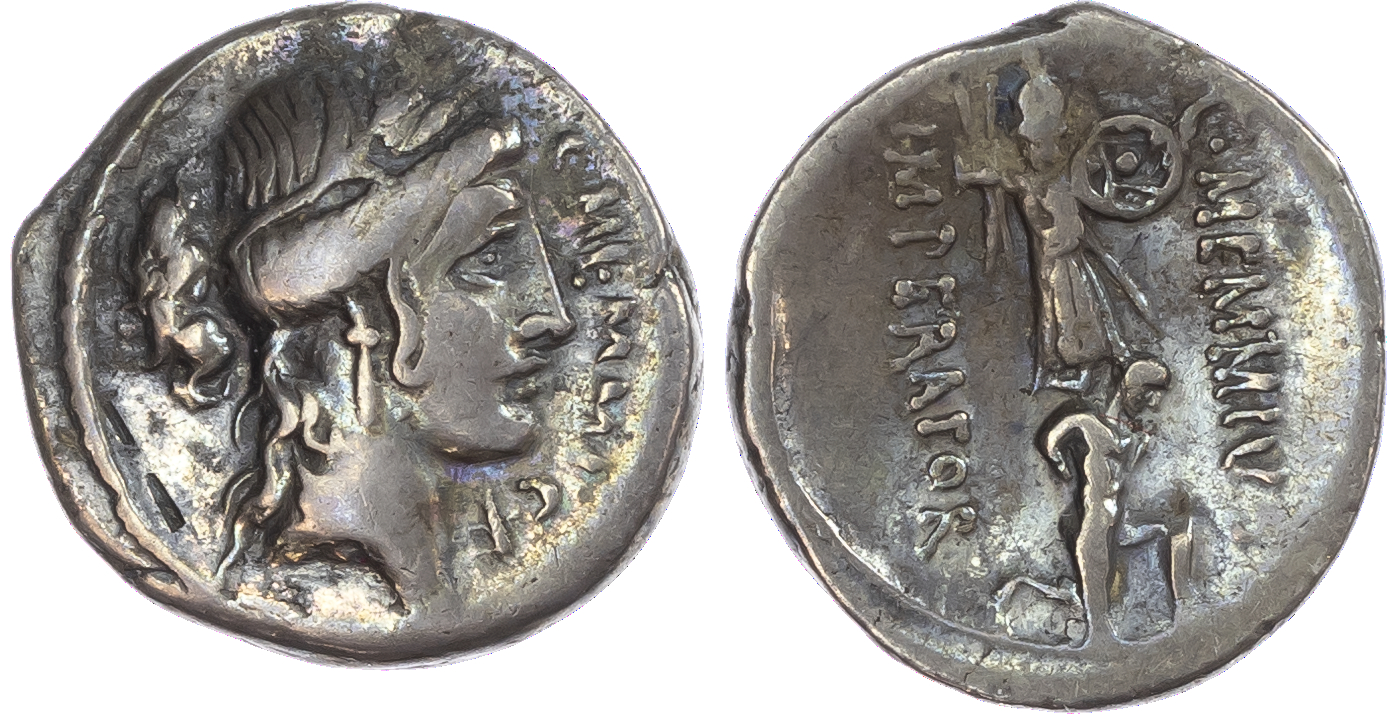C. Memmius C. f. (56 BC) AR Denarius, Rome, 3.44g. C MEMMI C F, head of Ceres facing right, wearing a wreath of grain ears.