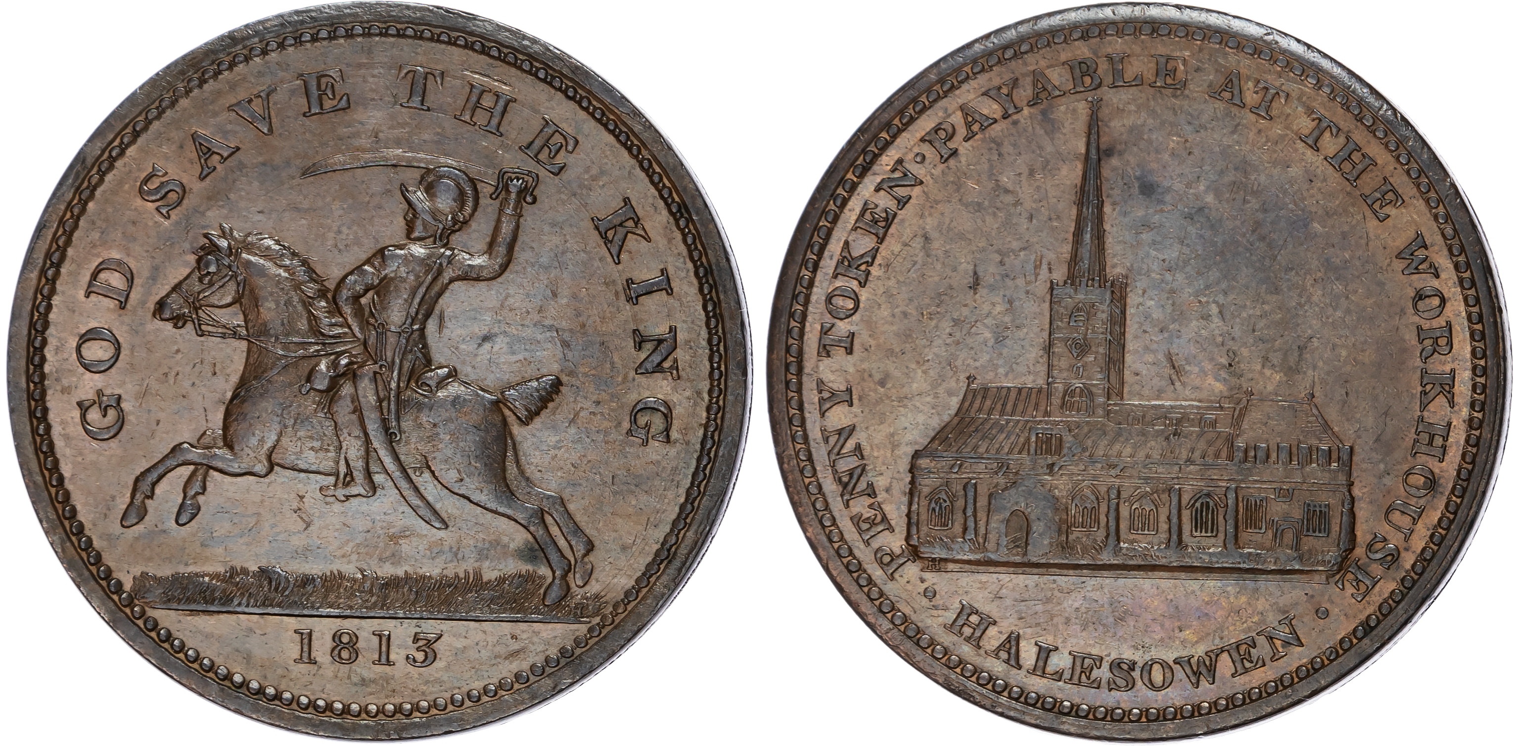 HALESOWEN, Worcs. Workhouse Penny 1815, View of St. Mary’s Church, rev. Mounted Dragoon (Royal Worcs. Yeomanry…