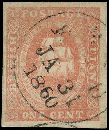 1853-9 1c dull red, type B, imperforate with...